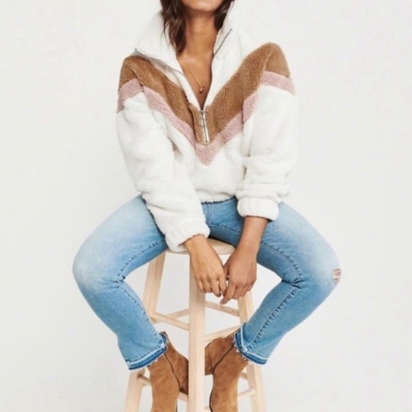 Abercrombie & Fitch | Pink & Brown Chevron Sherpa Quarter Zip Pullover Medium - Picture 1 of 9